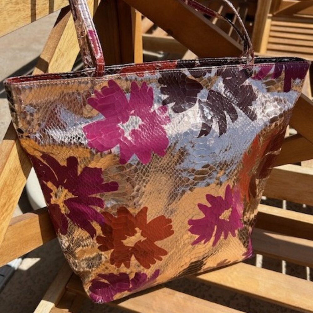 CARLOS FALCHI Gold Metallic Floral Snakeskin Print Tote BAG - Picture 5 of 12